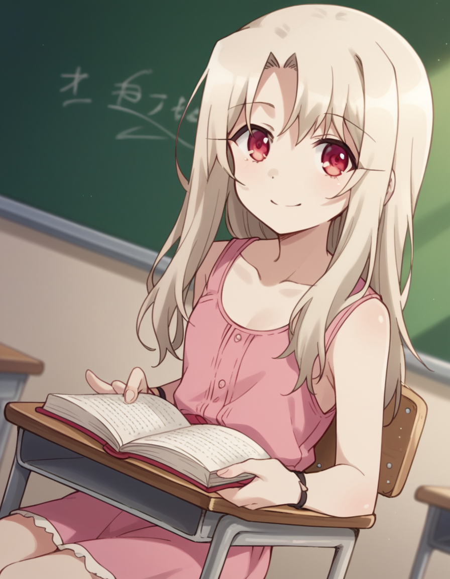 score_9, score_8_up, score_7_up, source_anime, <lora:illyasviel-von-einzbern-prisma-s2s3-ponyxl-lora-nochekaiser:1>,, illyasviel von einzbern, long hair, blonde hair, red eyes, parted bangs,, dress, collarbone, sleeveless, sleeveless dress, pink dress,, classroom, chalkboard, day time, studying, sitting, chair, desk,, smile, looking at viewer, arm wrapped around someone, solo,, cowboy shot, dutch angle