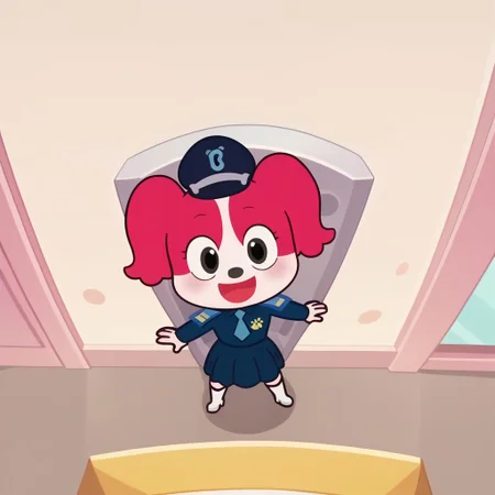 score_9, score_8_up, score_7_up BREAK PapillonS, 1girl, anthro dog, white and pink fur, pink ears, dark gray eyes, black nose, white legs, short pink tail, blue police uniform, cyan epaulettes with gold stripes, cyan tie, gold paw badge, blue police hat, blue pleated skirt, long heeled white boots, female, female focus, screenshot, official art, parody, cartoon footage, official design, screencap, cartoon screenshot, official screenshot, 2d, cartoon, source_cartoon, high-angle pov, high-angle view, solo, solo focus, happy at viewer,