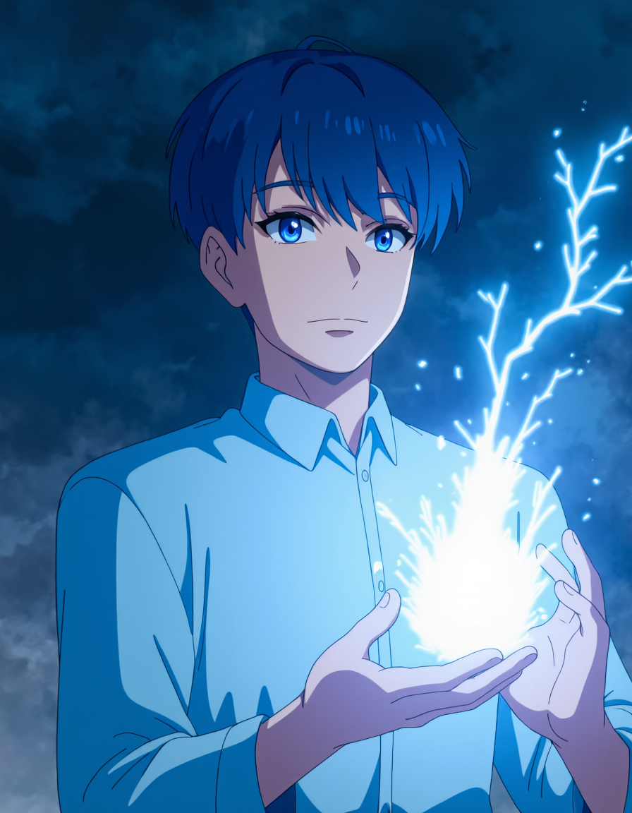Award Winning Illustration, 1man, holding electric energy flame, clear crystal, particles, rendered in the style anime, extreme detail, Cinematic Composition, Ambient Light, line art, Octane, <lora:add_detail:1>, 16k, UHD, HDR, Masterpiece:1. 5, best quality:1. 5