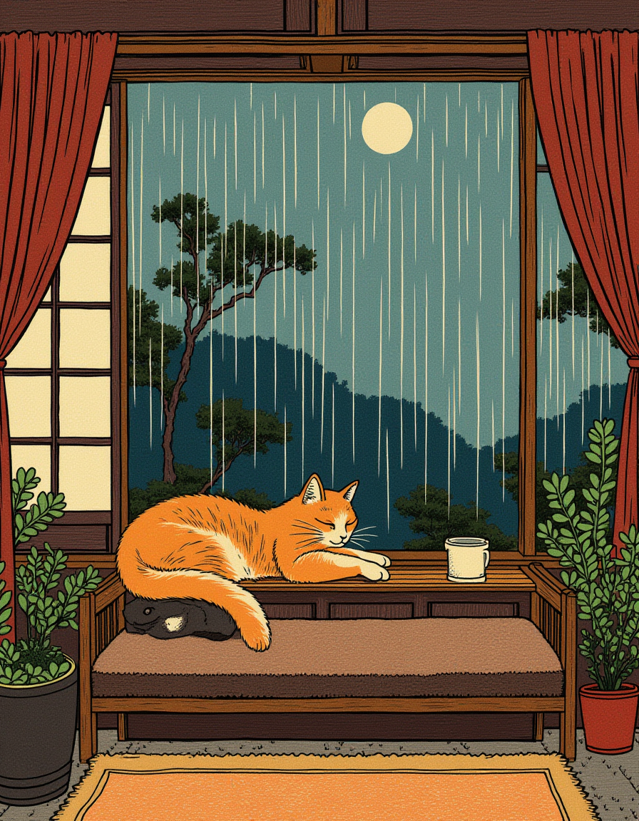 Ukiyo-e style by Hokusai, a cozy and inviting living room on a rainy day, with a cat sleeping on the windowsill, rendered in a warm textural style