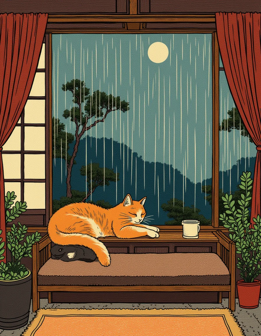 Ukiyo-e style by Hokusai, a cozy and inviting living room on a rainy day, with a cat sleeping on the windowsill, rendered in a warm textural style