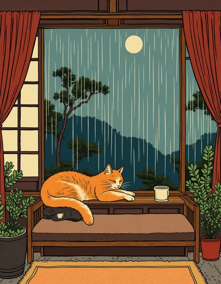Ukiyo-e style by Hokusai, a cozy and inviting living room on a rainy day, with a cat sleeping on the windowsill, rendered in a warm textural style
