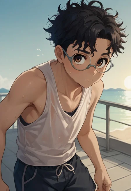 score_9, score_8_up, score_7_up, source_anime, highly detailed, young, 1boy, solo, cute boy, okarun, black hair, curly hair, brown eyes, glasses, tank top, shorts, sweaty, hot, sun, sweat,