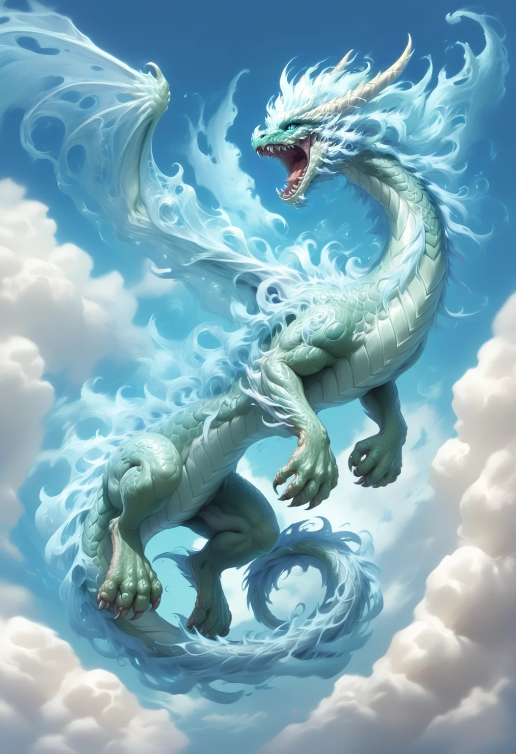 score_9, score_8_up, score_7_up, score_6_up, score_5_up, score_4_up <lora:PonyAirElementals:1> Air Elemental, air elemental dragon, swirling air body, transparent, ethereal, majestic, detailed digital art, expressive eyes, roaring, cloudy sky background, magical elements,
