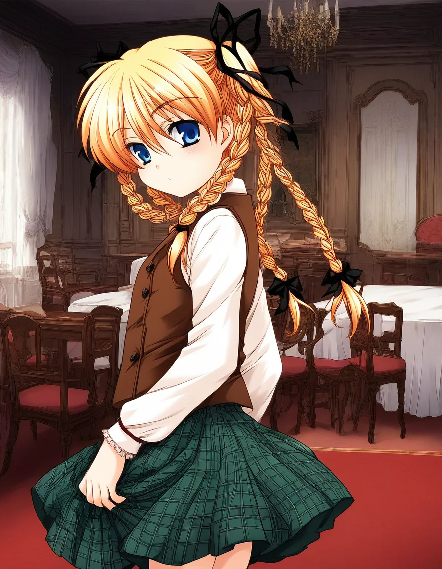score_9, score_8_up, score_7_up, source_anime, rating_explicit, BREAK <lora:Itsukiï¼Imi_Ver2.0_XL:1> Itsukiï¼Imi, blonde hair, blue eyes, ribbon, long hair, hair ribbon, braid, twin braids,
short stack,
brown vest, checked skirt, green skirt, long skirt,
looking at viewer,
cowboy_Shot,
room, chair, red carpetm