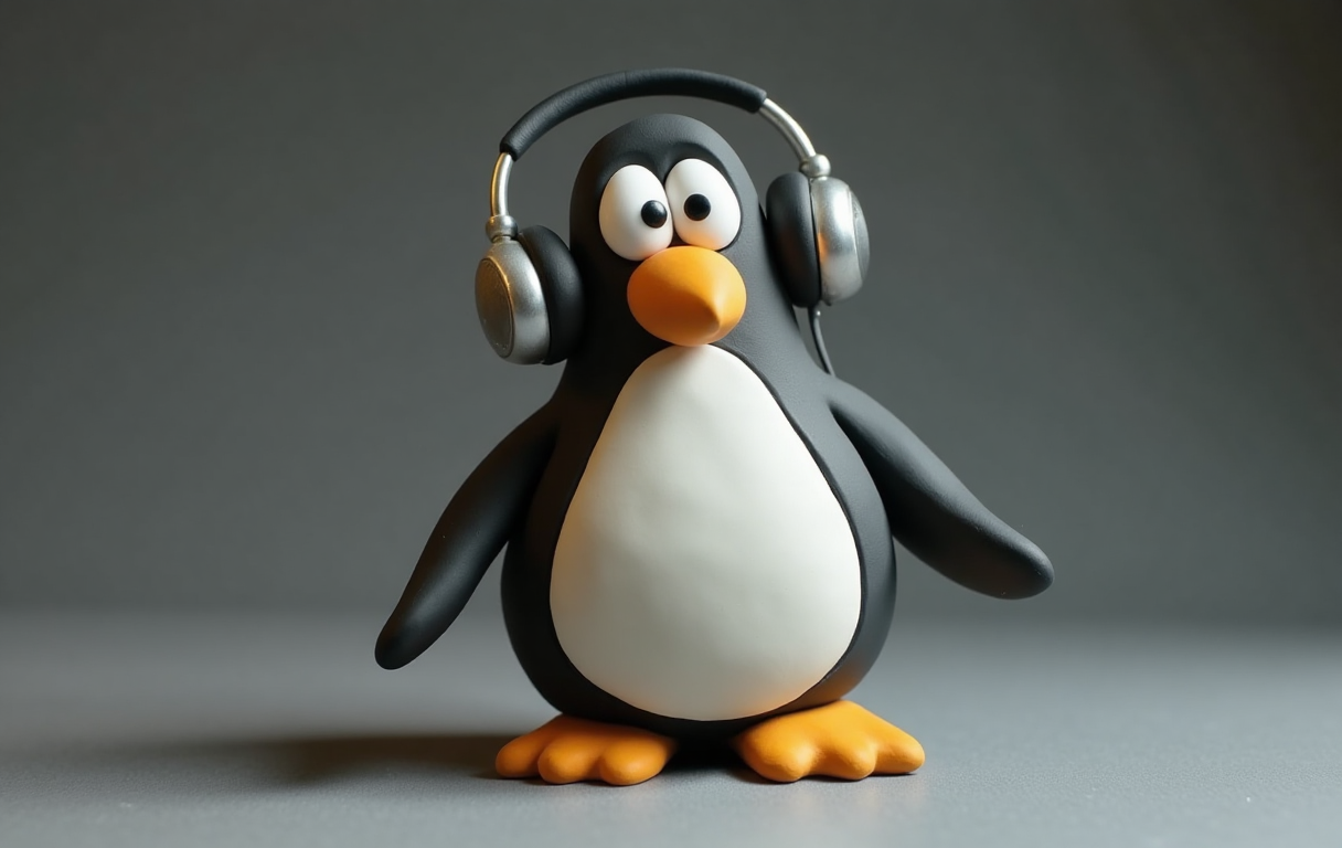 claymation, Photographic, photo grain, 4k, UHD—Thick penguin with headphones made of clay
