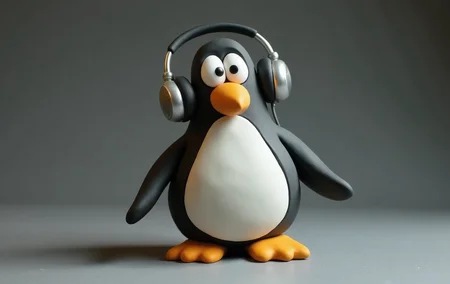 claymation, Photographic, photo grain, 4k, UHD—Thick penguin with headphones made of clay
