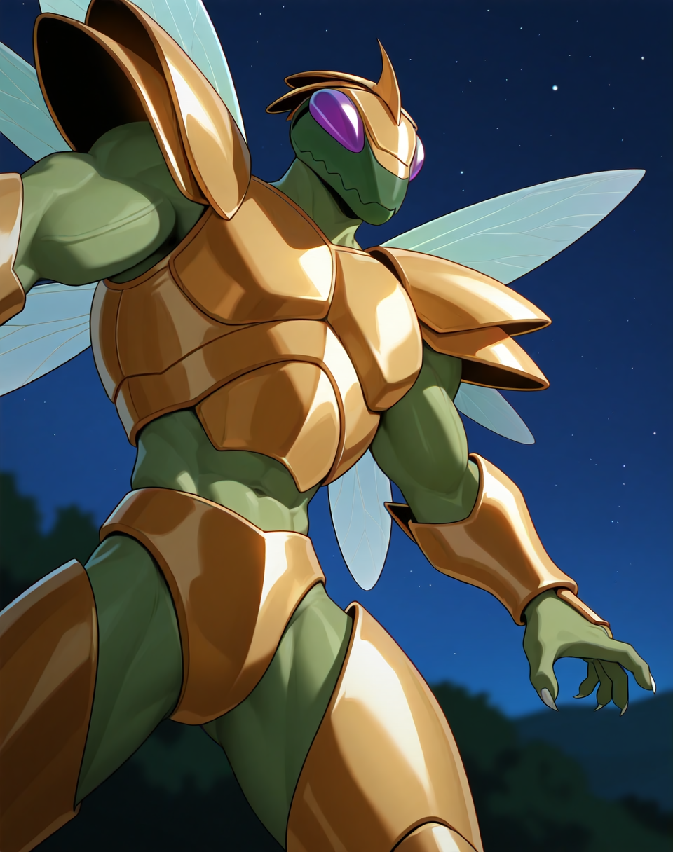<lora:Hyper_Katris_(Shinzo)_(Illustrious)_(AD):1> Hyper Katris, mantis, Shinzo, 
((
exterior, anime night sky, anime mountains, bent leg, cowboy shot, 
dynamic action, insect anthro, male focus, strong warrior, manly, bounty hunter villain, gold armor, green body, manly, masculine, 
)),
BREAK: very awe, aesthetically pleasing, masterpiece, best quality, amazing quality, very aesthetic, perfect depth of field shot, gradient coloring, subsurface reflections, source_furry, furry_art, glitter armor, 
masterpiece, best quality, amazing quality, very aesthetic, high resolution, ultra-detailed, absurdres, newest, scenery, {Prompt}, BREAK, detailed background, volumetric lighting,
BREAK: lazympos, lazypos (3),
