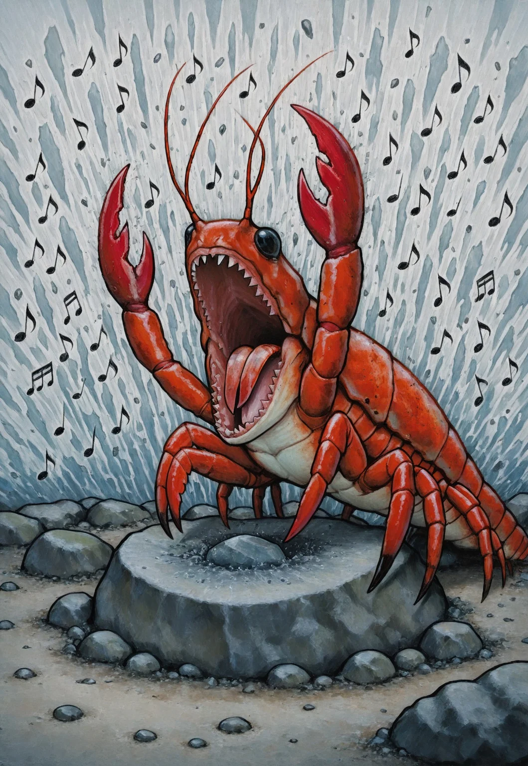 solo, lukch, painting_\(medium\), no humans, rock, lobster, screaming, musical notes,
traditional media, best quality, absurdres