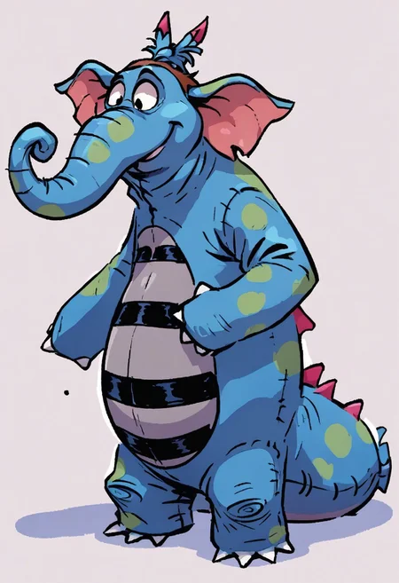 (score_9 | score_8_up | score_7_up) ((masterpiece:1))(best quality,very high quality,ultra detailed:1.2) (2D,cartoon style,anime style)(Smooth:2)(clean blurring) (four fingers on each hand,one thumb on each hand:1),
Abu elephant, elephant, solo, brown hair, grey skin, black eyes, trunk, trunk nose, elephant trunk, elephant ears, wearing a blue dragon costume, Dragon costume, full body