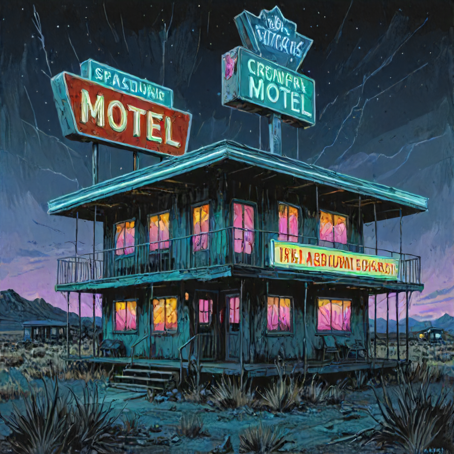 <lora:LCMTurboMix_Euler_A_fix:1> Spacepunk,  A creepy, rundown motel in the middle of nowhere, with flickering neon signs.,   <lora:neg4all_bdsqlsz_xl_V9:1>  <lora:EnvyCrystalXL01:1> crystal
