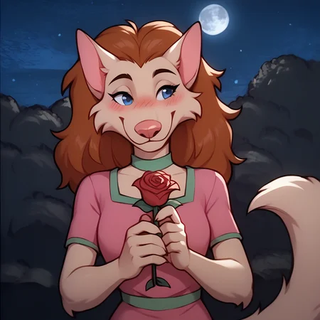 score_9, score_8_up, score_7_up, BREAK <lora:FluffyWerewolf:1.1> fluffywerewolf, furry female, long hair, brown hair, blue eyes, night, full moon, smile, blush, holding rose, pink dress,