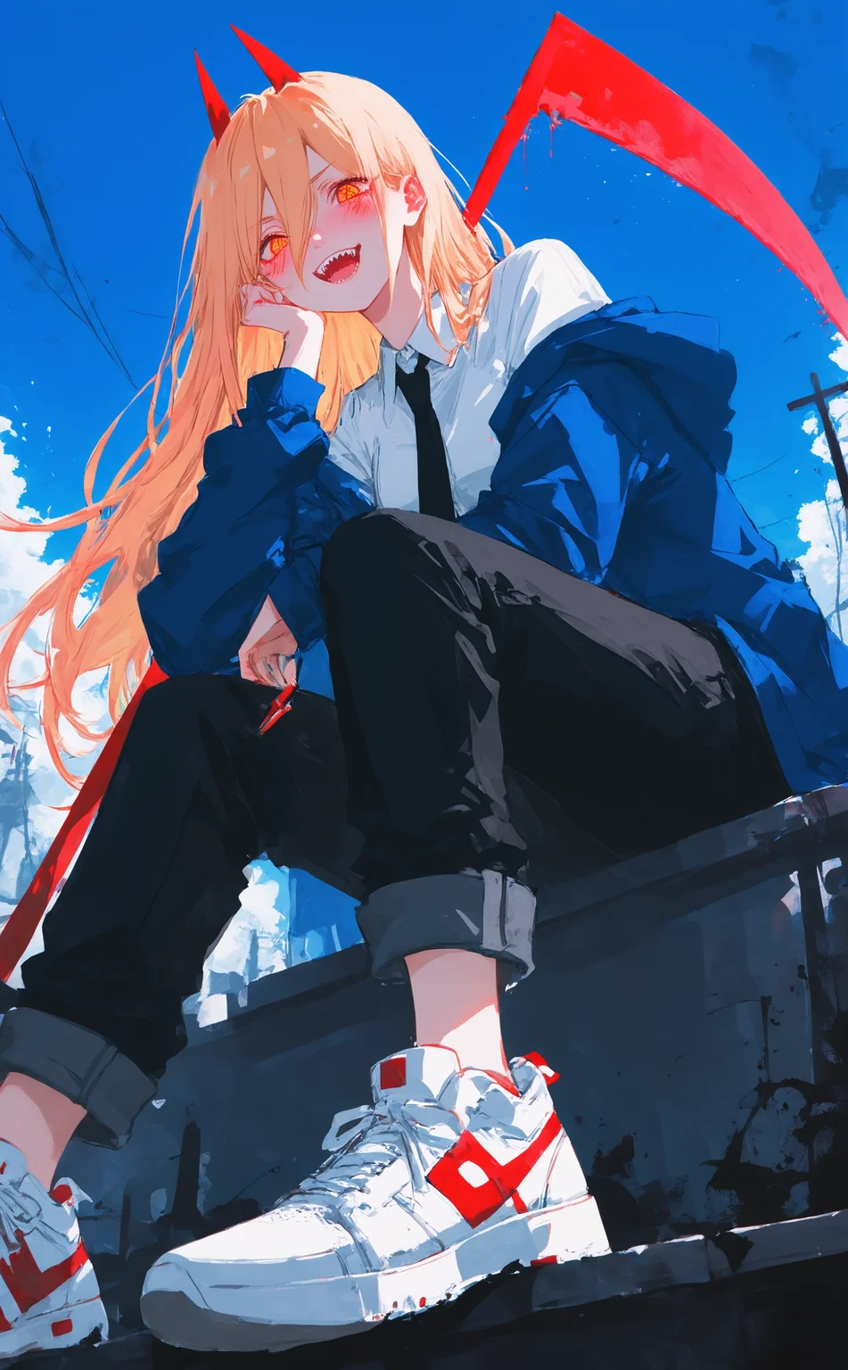masterpiece, best quality, amazing quality, power \(chainsaw man\), 1girl, solo, long hair, looking at viewer, smile, open mouth, shirt, blonde hair, holding, hair between eyes, sitting, jacket, white shirt, yellow eyes, weapon, outdoors, horns, teeth, necktie, sky, shoes, collared shirt, pants, hood, off shoulder, blue sky, symbol-shaped pupils, black pants, from below, blue jacket, demon horns, sharp teeth, sneakers, black necktie, hand on own face, head rest, scythe, red horns, cross-shaped pupils, holding scythe, pants rolled up, Cinematic Lighting, Karinami Inkblush mode,thick ink outlines,soft marker gradients,era 2020s indie illustration,(Inkblush style:1.2), <lora:noobai_ep11_stabilizer_v0.138_fp16:0.3> <lora:XXX667:0.6> <lora:lpc_v10:0.7> <lora:96YOTTEA-WAI:0.6> <lora:Karinami_Inkblush_mode_Illustrious_clean:0.6>