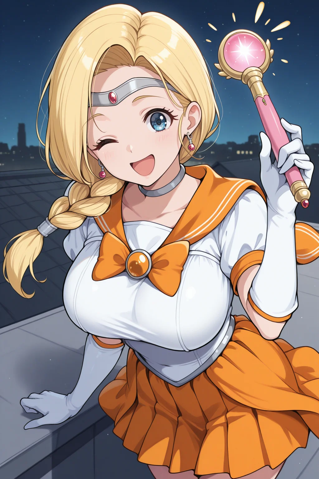 masterpiece, best quality, 1girl, solo, <lora:dqbianca-illu-nvwls-v1-000006:1> bncad5, blonde hair, single braid, hair over shoulder, long hair, blue eyes, large breasts, red earrings, white shirt, short sleeves, orange sailor collar, orange skirt, pleated skirt, tiara, magical girl, wink, open mouth, happy, excited, rooftop, elbow gloves, white gloves, holding magic wand, night sky, standing, hand up