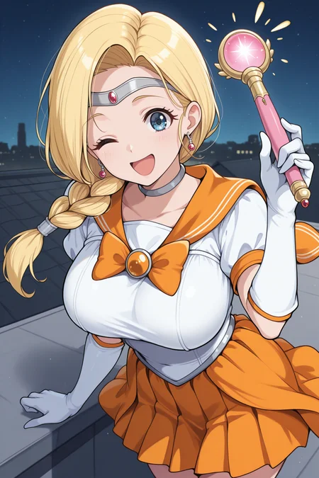masterpiece, best quality, 1girl, solo, <lora:dqbianca-illu-nvwls-v1-000006:1> bncad5, blonde hair, single braid, hair over shoulder, long hair, blue eyes, large breasts, red earrings, white shirt, short sleeves, orange sailor collar, orange skirt, pleated skirt, tiara, magical girl, wink, open mouth, happy, excited, rooftop, elbow gloves, white gloves, holding magic wand, night sky, standing, hand up