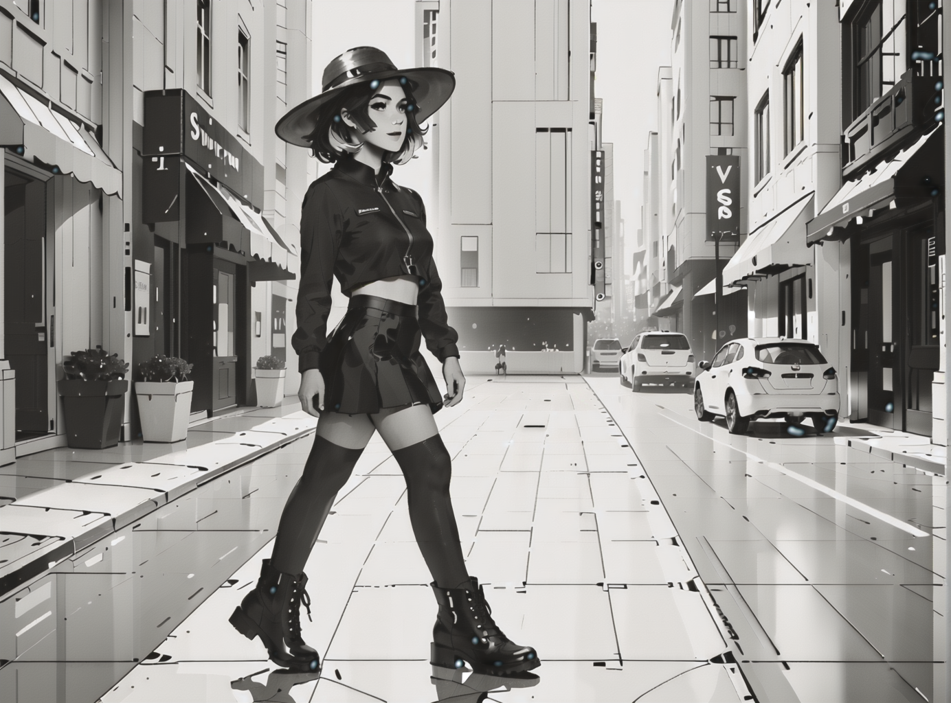 score_9, score_8_up, score_7_up, character in profile, walking, looking at surroundings, 1girl, pale skin, medium breasts, <lora:sm0k3XLP:1>, <lora:goth_clothes:1>, (black sunhat, black stockings, black skirt, black top, zipper boots, neon hair color, two tone hair, <lora:Our_Muted_Future_Style:1>, <lora:Potat_dark_ink_v1_monochrome-RS24:1> monochrome,