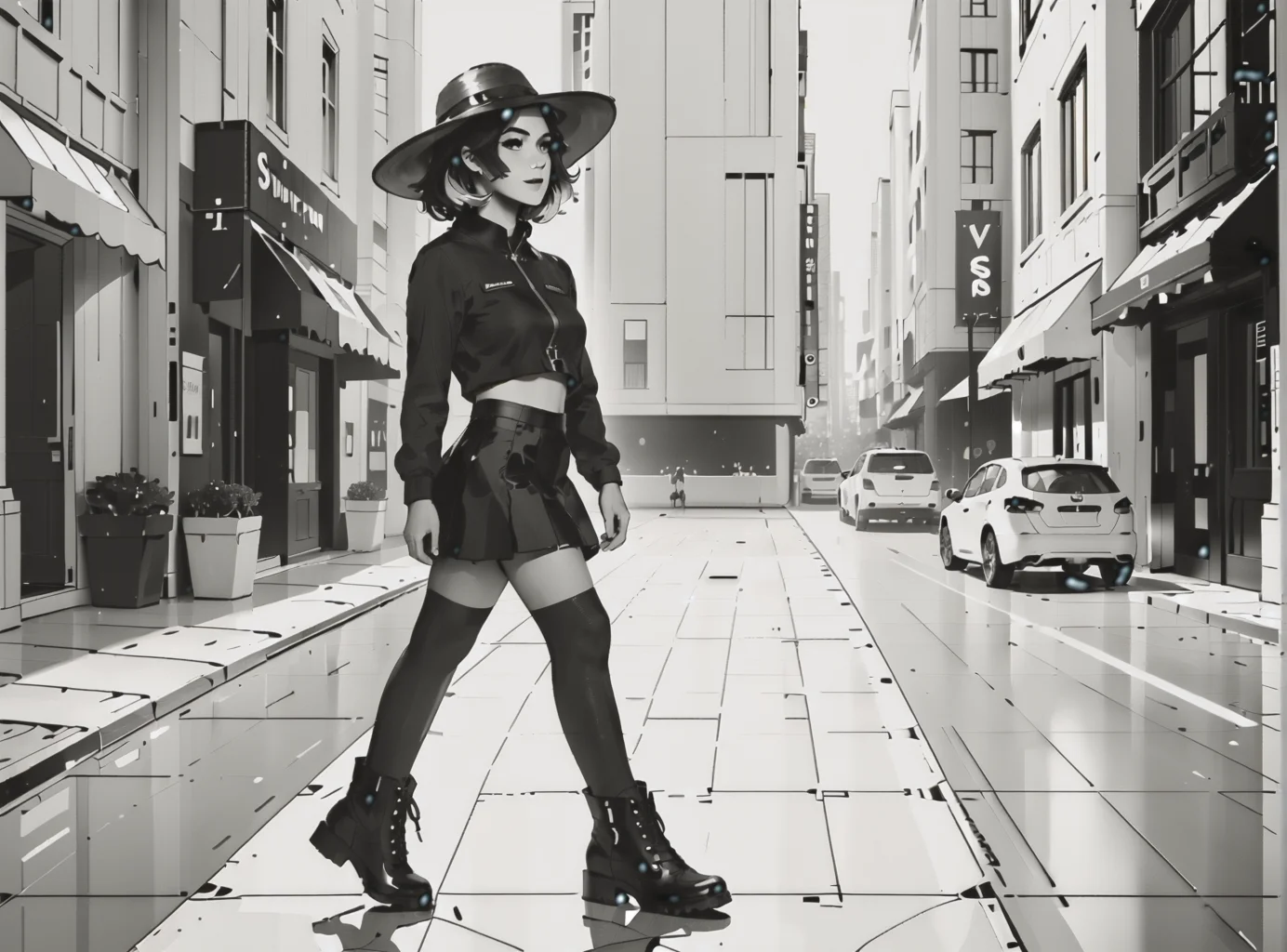 score_9, score_8_up, score_7_up, character in profile, walking, looking at surroundings, 1girl, pale skin, medium breasts, <lora:sm0k3XLP:1>, <lora:goth_clothes:1>, (black sunhat, black stockings, black skirt, black top, zipper boots, neon hair color, two tone hair, <lora:Our_Muted_Future_Style:1>, <lora:Potat_dark_ink_v1_monochrome-RS24:1> monochrome,