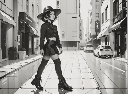 score_9, score_8_up, score_7_up, character in profile, walking, looking at surroundings, 1girl, pale skin, medium breasts, <lora:sm0k3XLP:1>, <lora:goth_clothes:1>, (black sunhat, black stockings, black skirt, black top, zipper boots, neon hair color, two tone hair, <lora:Our_Muted_Future_Style:1>, <lora:Potat_dark_ink_v1_monochrome-RS24:1> monochrome,