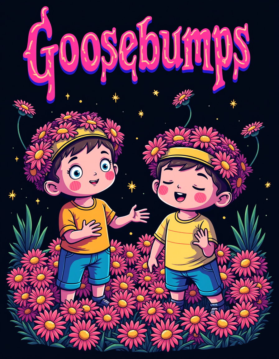 Goosebumps, singing daisies, in neon colors. Goosebumps are depicted as little men dressed in flower crowns and singing daisies. Daisies should be bright and detailed, and goosebumps should be cute and charming. The style is neo-art, with an emphasis on bright colors