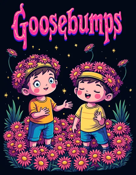 Goosebumps, singing daisies, in neon colors. Goosebumps are depicted as little men dressed in flower crowns and singing daisies. Daisies should be bright and detailed, and goosebumps should be cute and charming. The style is neo-art, with an emphasis on bright colors