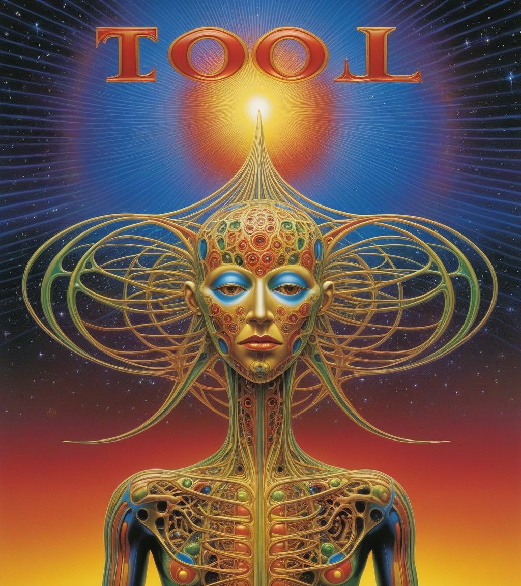 Tool Metal album cover, style by Alex Gray, (write text: "TOOL")