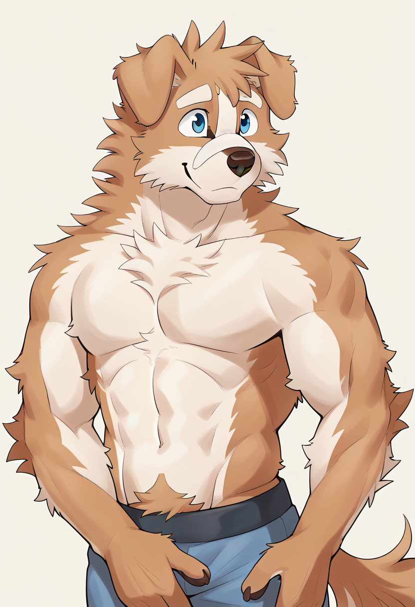 high quality, hires, by tupidwithouts, furry, 1boy, solo, dog boy, blue eyes, brown fur, white eyebrows, white muzzle, tail, happy, floppy ears, topless, white short hair, pants, two tone fur,  <lora:TupidwithoutS_style:1.2>