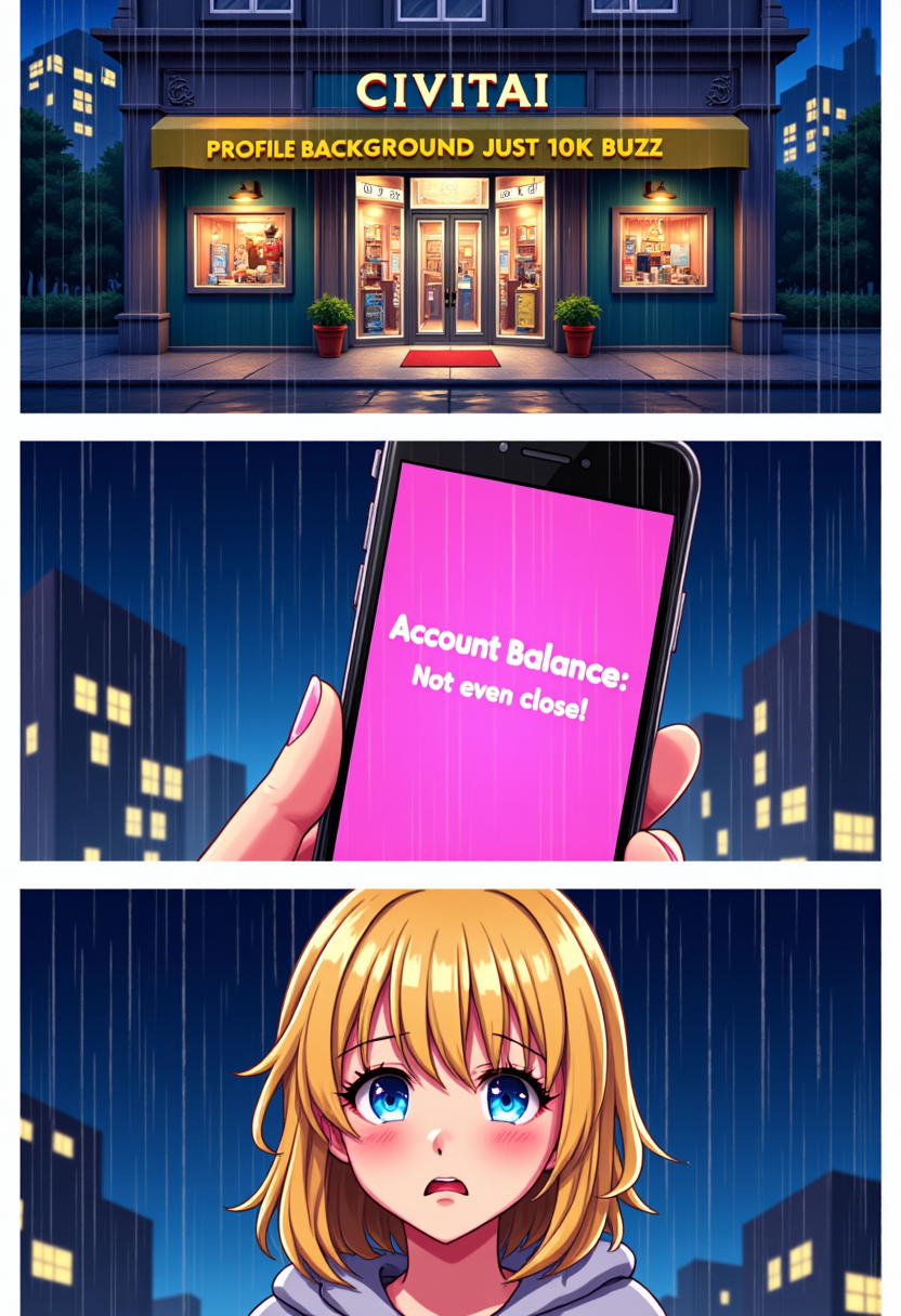 A three panel comic, the setting is a city center at night, it's raining, the first panel is a wide shot of a store labeled text: "CIVITAI" displaying the gold banner text: "PROFILE BACKgROUND JUST 10K BUZZ! ", The second panel is a close-up of a phone pink screen displaying the text: "Account Balance: Not even close", The last panel is a close-up of very sad blonde woman, bangs, shoulder length hair, wearing a hoodie, crying, with tears in her sad blue eyes, aidmaTextImprover, <lora:TextimproverV0.4:1>