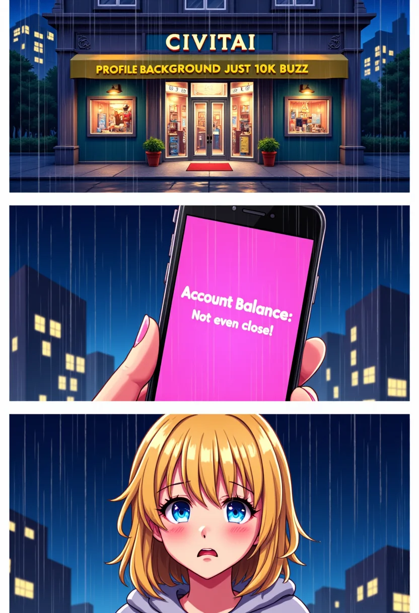 A three panel comic, the setting is a city center at night, it's raining, the first panel is a wide shot of a store labeled text: "CIVITAI" displaying the gold banner text: "PROFILE BACKgROUND JUST 10K BUZZ! ", The second panel is a close-up of a phone pink screen displaying the text: "Account Balance: Not even close", The last panel is a close-up of very sad blonde woman, bangs, shoulder length hair, wearing a hoodie, crying, with tears in her sad blue eyes, aidmaTextImprover, <lora:TextimproverV0.4:1>