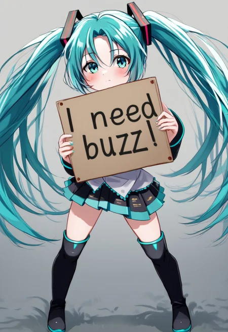 need_buzz, holding sign, hatsune miku, absurdly long hair,aqua hair,twintails,hair ornament,sidelocks,hair between eyes,parted bangs,aqua eyes, white shirt,collared shirt,bare shoulders,sleeveless shirt,aqua necktie,detached sleeves,black sleeves,shoulder tattoo,fringe,black thighhighs,miniskirt,pleated skirt,zettai ryouiki,thigh boots
