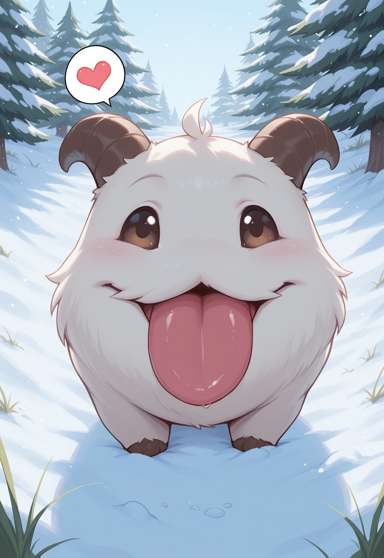 masterpiece, best quality, amazing quality, very aesthetic, absurdres, LoLPoro, 1other, horns, pine tree, snow, grass, full body, looking at viewer, happy, spoken heart, tongue out,