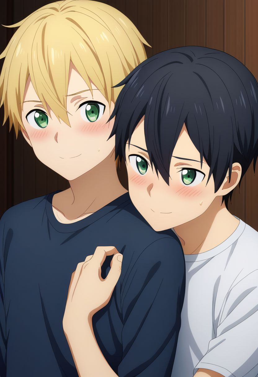 2boys, :d, bangs, close mouth, smile, shy, (hug from behind), white shirt, indoor, yaoi, <lora:HUGGY:0.7>
Kazuto Kirigaya, SAO, black hair, black pants, black shirt, white socks, and
euego, green eyes,blonde hair,hair between eyes, blue shirt, blue pants, socks, green eyes, blush