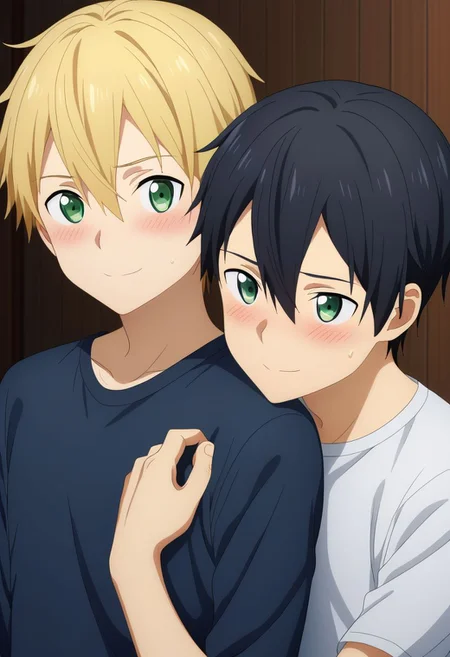 2boys, :d, bangs, close mouth, smile, shy, (hug from behind), white shirt, indoor, yaoi, <lora:HUGGY:0.7>
Kazuto Kirigaya, SAO, black hair, black pants, black shirt, white socks, and
euego, green eyes,blonde hair,hair between eyes, blue shirt, blue pants, socks, green eyes, blush