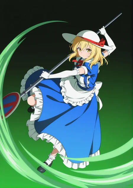 absurdres, highres, masterpiece, best quality, amazing quality, official anime artwork, screencap, anime screencap, 
<lora:Kana_Anaberal:1> kana anaberal, 1girl, solo, yellow eyes, blonde hair, short hair, sidelocks, medium breasts,, white hat, hat ribbon, red ribbon, puffy short sleeves, collared shirt, white shirt, blue dress, frilled dress, collared dress, white apron, waist apron, frilled apron, maid apron, elbow gloves, white gloves, frilled gloves, black shoes, mary janes, white socks, holding sign, no entry sign,
looking at viewer, serious, magic circle, night, danmaku, dynamic pose,