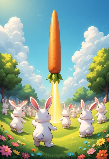 Lots of cute white rabbits in a lush green meadow run to watch the launch of a huge carrot that goes into space. The carrot has leaves on the bottom. The atmosphere is serenity, joy, cheerful. Adorable, brightly colored, highly detailed, sunny day, flowers. aidmaponystyle