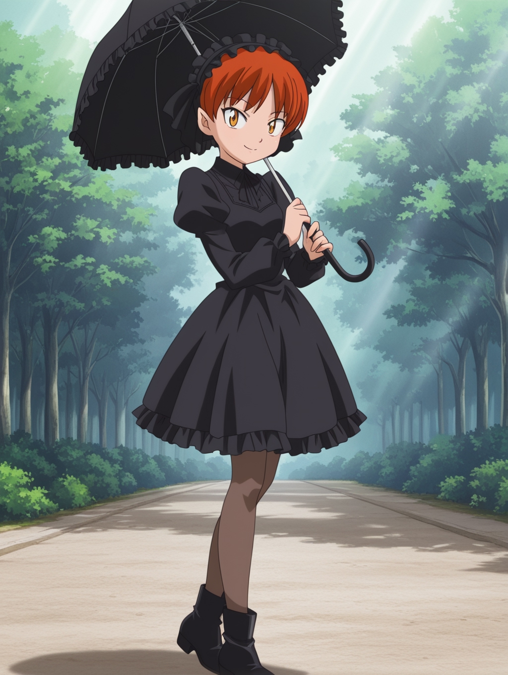 masterpiece, best quality, amazing quality, detailed background, perfect eyes, anime screenshot, anime coloring, 2000s \(style\), 1girl, solo, nekomusume (gegege no kitaro 5), red hair, short hair, yellow eyes, small breasts, gothic fashion, frilled headband, black dress, long puffy sleeves, frills, pantyhose, ankle boots, holding frilled umbrella, looking at viewer, smile, (outdoors, sunbeam),
