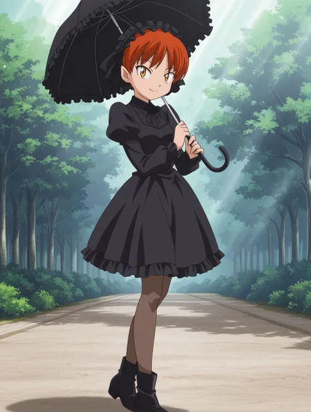 masterpiece, best quality, amazing quality, detailed background, perfect eyes, anime screenshot, anime coloring, 2000s \(style\), 1girl, solo, nekomusume (gegege no kitaro 5), red hair, short hair, yellow eyes, small breasts, gothic fashion, frilled headband, black dress, long puffy sleeves, frills, pantyhose, ankle boots, holding frilled umbrella, looking at viewer, smile, (outdoors, sunbeam),