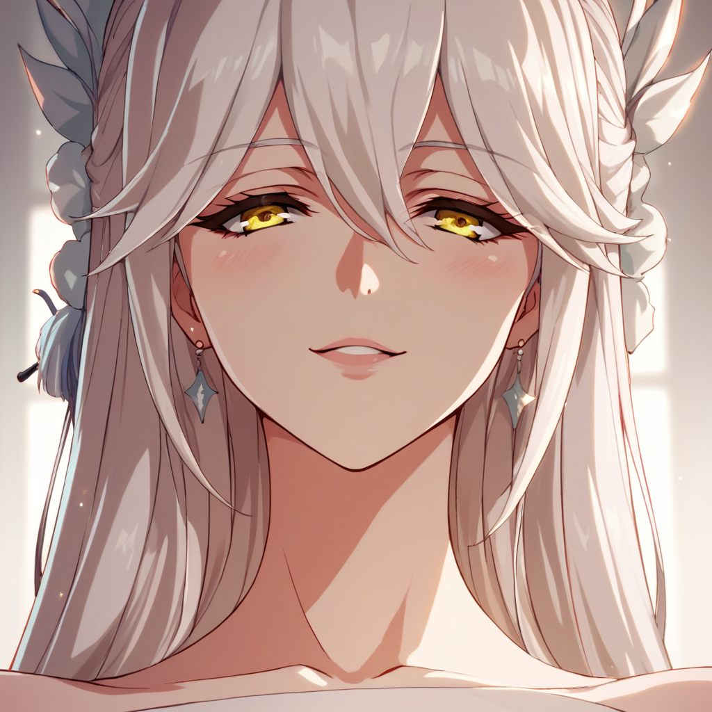 vysis, white hair, long hair, hair ornament, yellow eyes, seductive smile, portrait, close up, <lora:Pony-XL-Vysis:1>, score_9, score_8_up, score_7_up, score_6_up, source_anime,