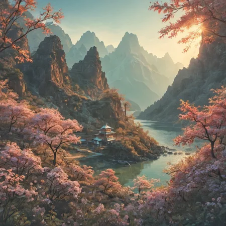 psychodelic scenic japan night landscape, novuschroma73 style, sakura garden, mountains, lake, perfect composition, sunlight, golden hour, haze, low angle, masterpiece, award winning,, ultra detailed, highly detailed, 8k, uhd, Style-Japan, vivid colours, luminous