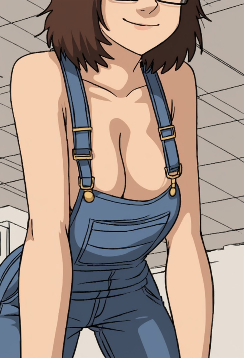 (fine texture, masterpiece, ultra-detailed, very awa, best quality, very aesthetic, absurdres, newest, volumetric lighting, scenery, score_9, score_8_up, score_7_up), BREAK,
1girl, qc, /faye/, sexy, short brown hair, brown eyes, large natural breasts, thick, toned, strong, collarbone, glasses, naked overalls, BREAK, 
Low angle, close up, from below, breasts focus, sexy pose, on all fours, head out of frame, leaning forward, cleavage, (downblouse), smile, BREAK, 
Indoor, in bedroom, detailed background, (golden hour) light framing subject, dappled lighting