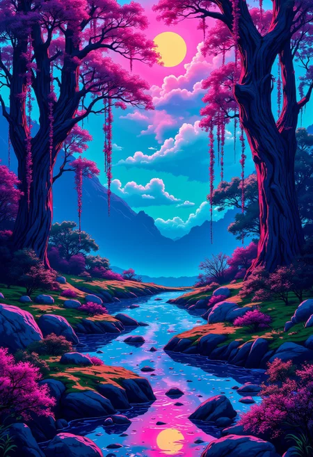 The Prism Grove Lounge
A dreamlike techno-forest, where crystalline trees with iridescent leaves pulse softly in shades of violet, jade, and sapphire. Hanging vines of luminescent ivy sway under a floating neon sun, casting glowing fractal shadows onto the soft, mossy ground. A circular koi pond, filled with liquid glass, reflects the shifting hues of the digital sky above. The air is thick with the scent of jasmine, wet stone, and warm neon light, while a slow, dreamy synthwave track echoes through the grove.