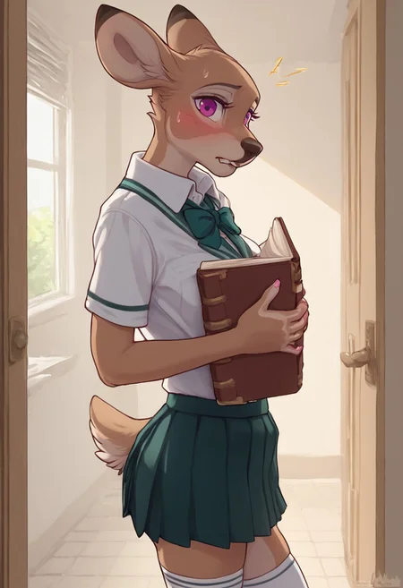 score_8_up,score_9, 1girl, solo, Artstyleofloi, Loimu, School Uniform, Green Tie, Green Collar Shirt, Skirt, Pleated Skirt, Short Sleeves, Long Socks, orange light shinning on character from open door,
detailed, beautiful , tongue out, holding school books in hand, Looking at Viewer, side on view, cowboy shot, biting lip, side on view,
volumetric lighting, eye lashes, inside, surprised, embarrassed, nervous sweat,