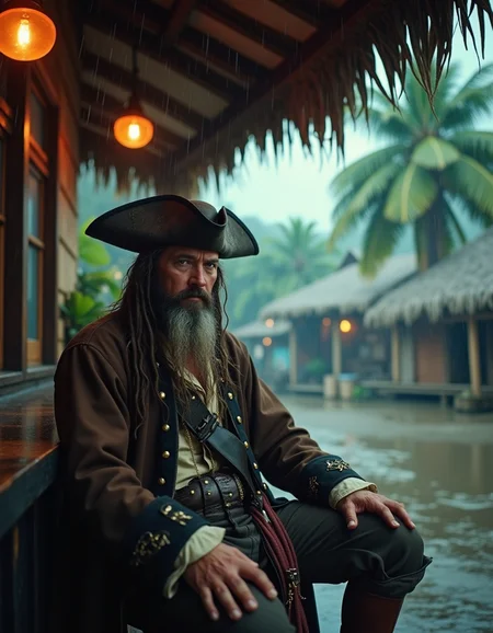 Cinematic scene of a pirate taking a break under the roof of a bar, wearing colonial pirate outfit, brown clothing, long beard, tired eyes, messy face. Raining. Carribean town on the coast, wooden shacks, palm trees, cloudy, storming,
<lora:Dark Cinematic:0.5> DRK , <lora:detailed_v2_flux_ntc:1>