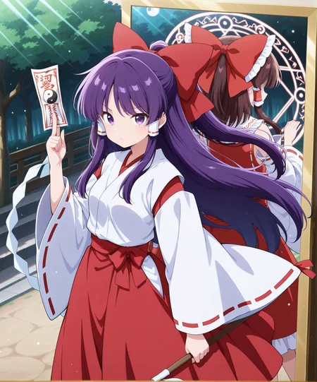 2girls, outdoors, alongside, back to back, oversiezd mirror, magic gate, mirror, mirror reflection, light particles, floating hair, orbs, yin yang orb, fighting stance, magic circle, danmaku, ofuda, BREAK
absurdres, highres, masterpiece, best quality, amazing quality, official anime artwork, screencap, anime screencap,  dynamic pose, BREAK
<lora:Reimu-Hakurei-PC98_Illustrious:1> Reimu98, 1girl, solo, purple eyes, purple hair hair, long hair, sidelocks, small breasts,, hair bow, red bow, hair tubes, white tubes, white shirt, attached ribbon-trimmed sleeves, red skirt, long skirt, serious, looking at viewer, holding gohei, BREAK
<lora:Reimu-Hakurei_IllustriousV2:0.5> hakurei reimu, 1girl, solo, brown hair, long hair, sidelocks, small breasts,, hair bow, hair tubes, frilled bow, yellow ascot, red shirt, ribbon-trimmed detached wide sleeves, red skirt, (eyeless, no eyes:1.2), shaded face, from behind, looking back, from the back, in the mirror, facing the viewer, BREAK