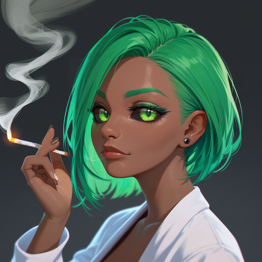 score_9, score_8_up, score_7_up, PDXL, <lora:ProfPic-000001:1>, pr0fpic, portrait, 
1girl, cute face, detailed eyes,  black sclera, green eyes, green hair, dark skin, looking at the viewer, smoking a cigarette