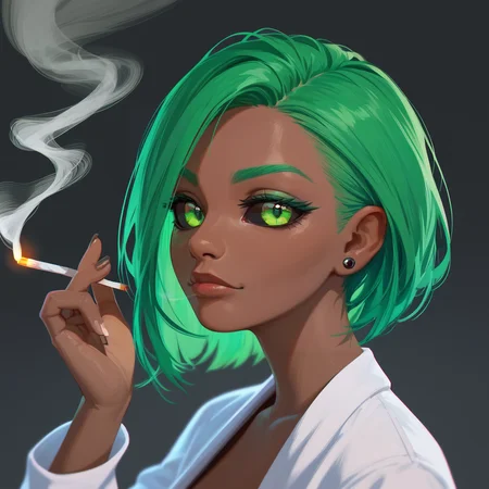 score_9, score_8_up, score_7_up, PDXL, <lora:ProfPic-000001:1>, pr0fpic, portrait, 
1girl, cute face, detailed eyes,  black sclera, green eyes, green hair, dark skin, looking at the viewer, smoking a cigarette