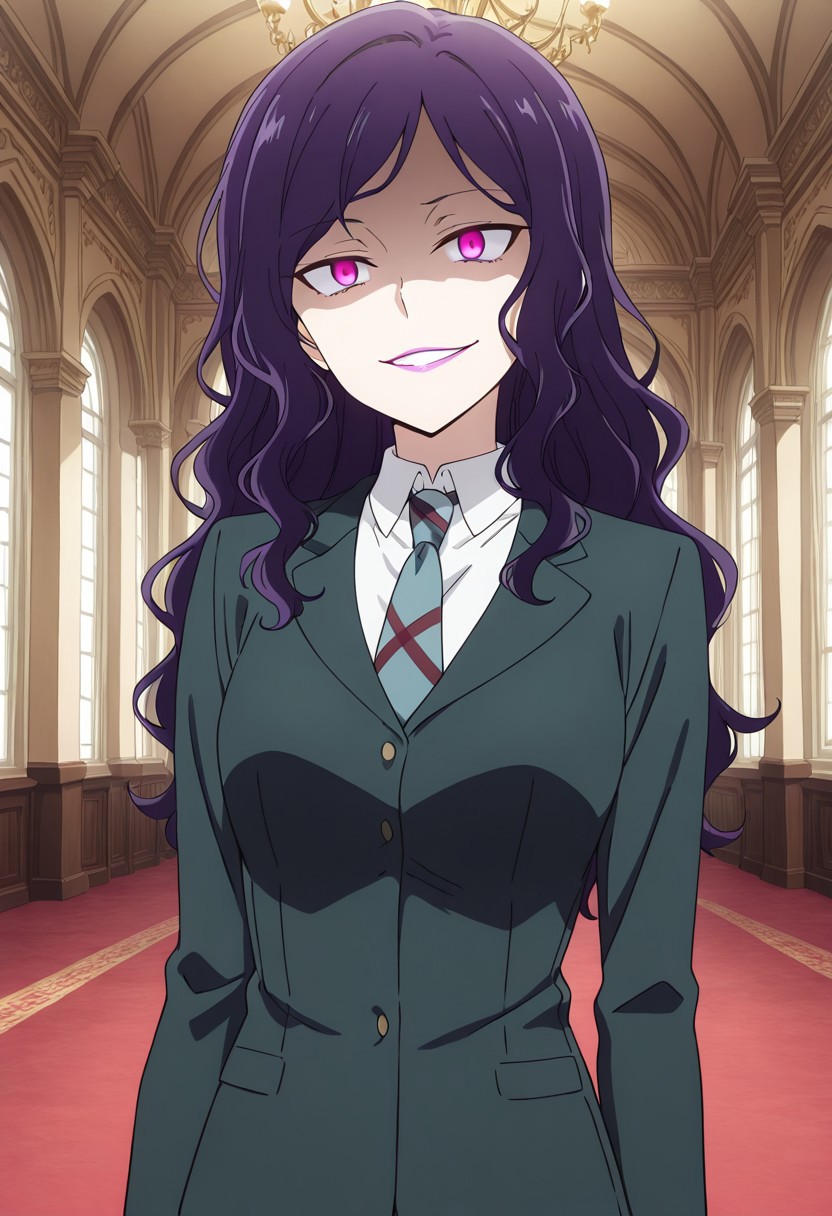 masterpiece, best quality, amazing quality,1girl, solo, BREAK
,beltosiekwk,purple hair,long hair, wavy hair, purple eyes,lipstick, school uniform,necktie,
BREAK
,ballroom,evil grin,shaded face,from below