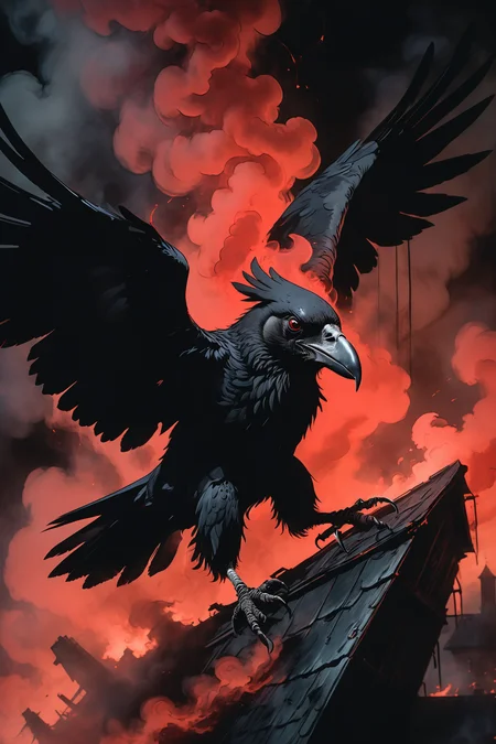 1boy, riding a giant crow, photorealistic, absurdres, <lora:dvr-trd:0.4> dvr-trd, red ink, complex, shrouded in dark smoke, black smoke, <lora:EldritchRomanceIllustration1.3.1:0.3> low light, dramatic lighting, darkness, smoke,red light, <lora:OldAnimeStyle_XL_v3:0.4> Vintage, 1990s \(style\)