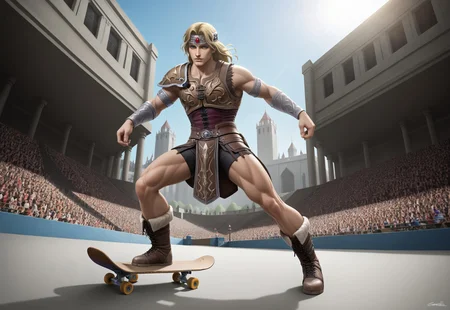 masterpiece, best quality, amazing quality, very aesthetic, absurdres, newest, simon belmont, simonbel, leather armor, jeweled headband, stylized brown breastplate, leather shorts, stylized loincloth, (((single pauldron))), metal wristbands, shoulder length blonde hair, fur lined boots, leather tassets, skateboard, skatebingbing