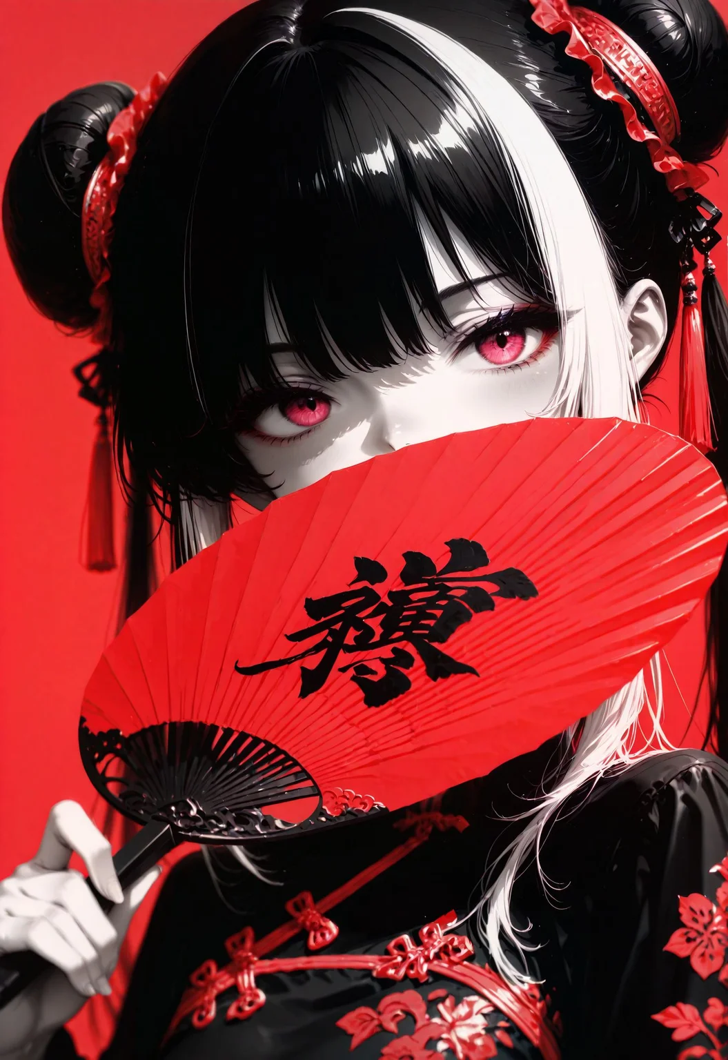 1girl, anime girl face scetch, scetch, lineart, minimalism, blending, spot color,
Jia Xichun, pink eyes, JiaXichunLimbus, long hair, twintails, multicolored hair, black hair, white hair, portrait, china dress, expressionless, fan, holding fan,
masterpiece, best quality,high quality, newest, HDR, 4ur4_illu,  dynamic pose,dynamic action,
dynamic pose, dynamic composition,dutch angle,depth of field, black and red theme, foreshortening,blurry edges,
8K, highres, absurdres,  <lora:illustriousXLv11_stabilizer_v1.113:0.3> <lora:ponyv6_noobV1_2_adamW:0.4> <lora:Aura_illu:0.9> <lora:Jia_Xichun_Illustrious:0.7>