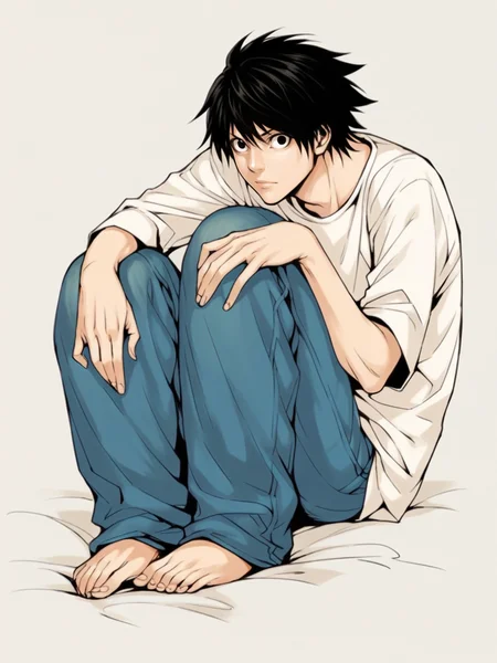 score_9, score_8_up, score_7_up, score_6_up, score_5_up, <lora:d34thn0t3XLP:1> d34thn0t3, 1boy, L, jeans, barefoot, black hair, solo